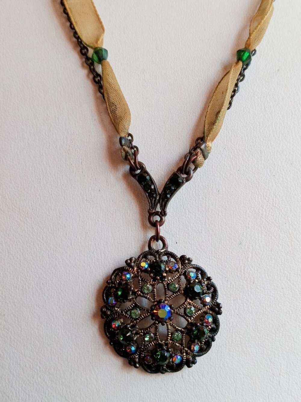 Vintage Filigree-style Pendant Necklace w/Multi-colored Crystal Rhinestones - Picture 5 of 16